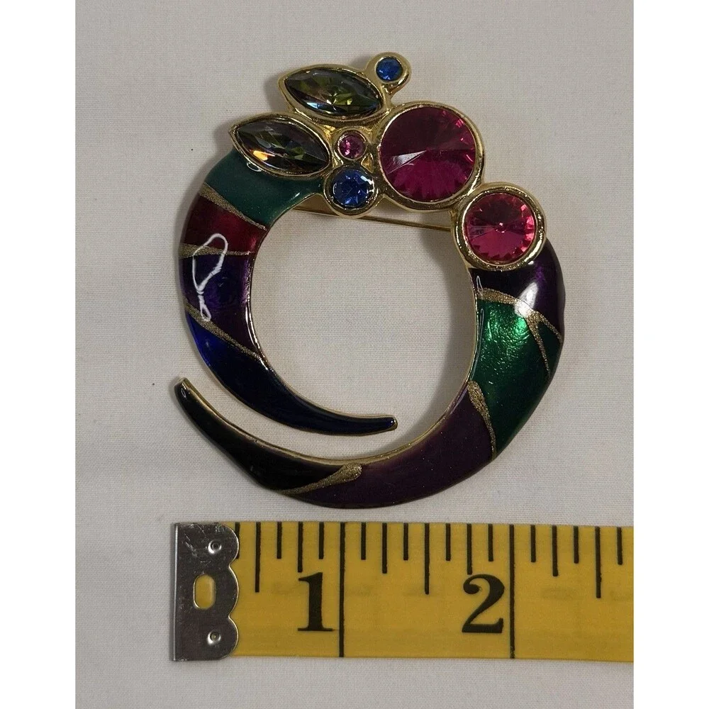 Vintage ECD Signed Enamel Rhinestone Brooch Gold Tone Multicolor 2”
